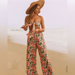 Talunka Silky Hawaiian Tropical Floral Print Pants And Tie Top Set
